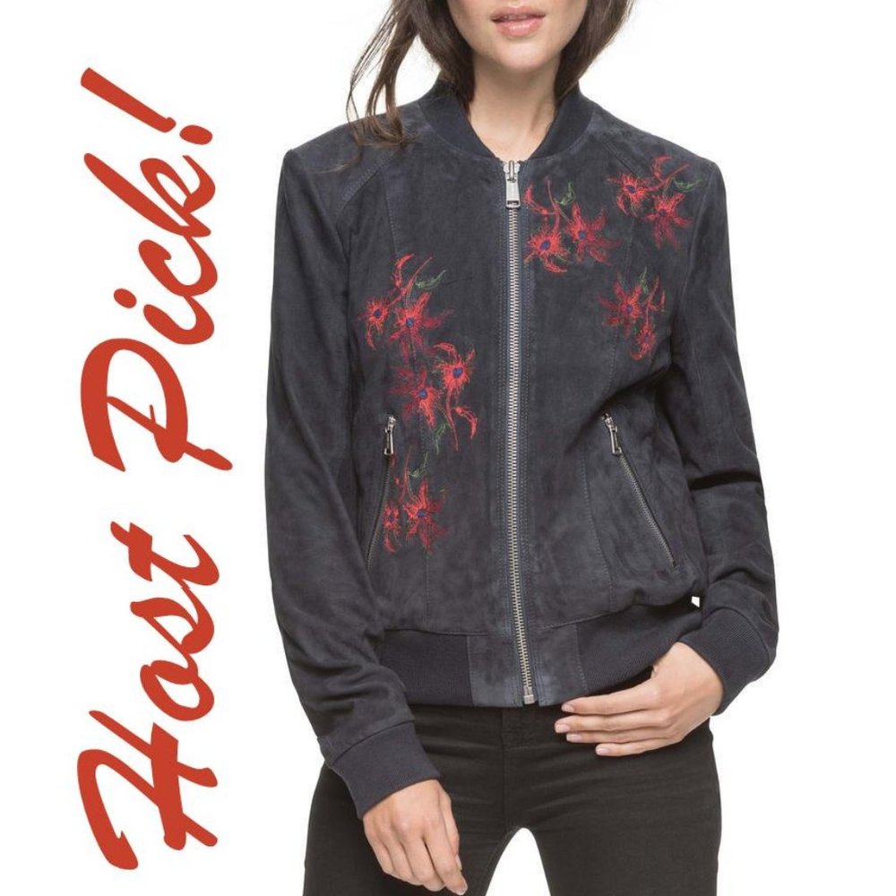 Andrew Marc CHANEL Embroidered Suede Leather Jacket Bomber NEW Navy Women's ๐HP - Picture 1 of 16